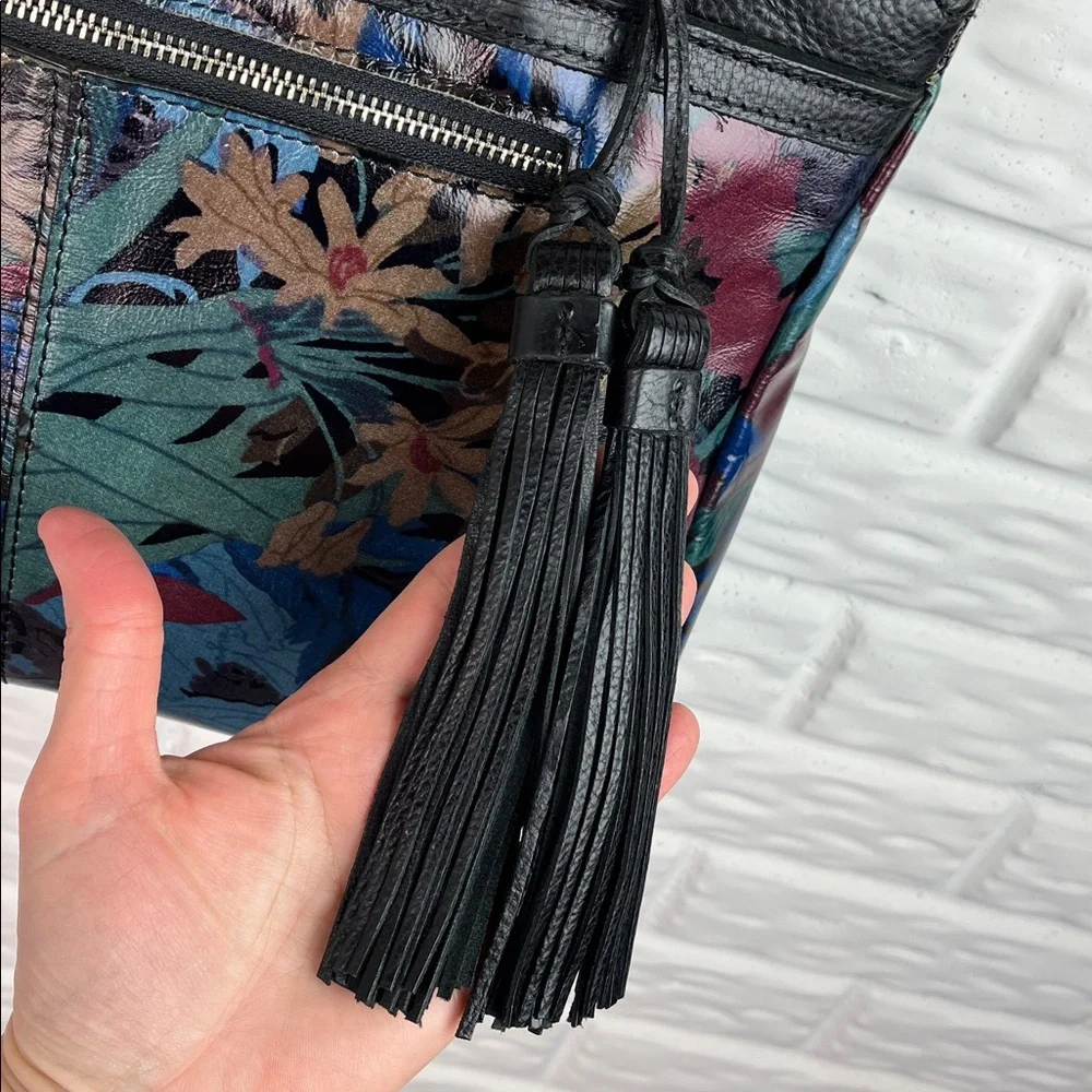 PATRICIA NASH POPPY TOTE BLACK LEATHER LEAF PATTERN TASSEL 3 COMPARTMENTS - Picture 7 of 17